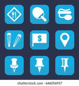 Pin icon. set of 9 filled pin icons such as hair barrette, pin, restaurant