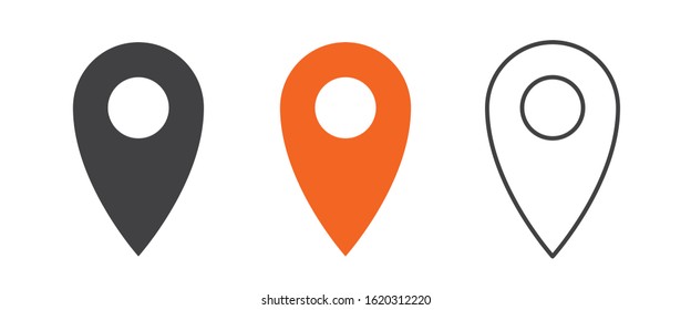 Pin icon set. Black, orange and outline gps pointer mark. Location map symbol.