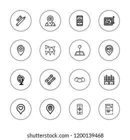 Pin icon set. collection of 16 outline pin icons with atm, earth globe, location, gps, marker, flags, pastry, navigation, pin, placeholder icons.