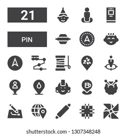 pin icon set. Collection of 21 filled pin icons included Pinwheel, Patch, Rolling pin, Route, Knitting, Punk, Placeholder, Position, Yarn, Track, Navigation, Baby girl, Atm