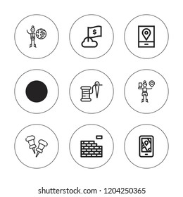Pin icon set. collection of 9 outline pin icons with atm, brickwall, geolocalization, gps, flag, pins, thread icons. editable icons.
