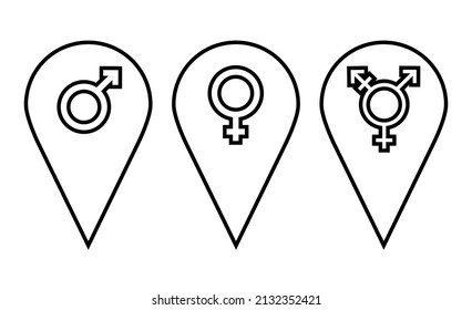 Pin icon set. Gps pointer mark. Set of sexual orientation gender or male female symbols. Gender location pin set. Vector illustration in thin style