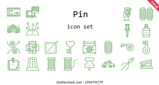 pin icon set. line icon style. pin related icons such as sewing box, stapler remover, needles, mobile map, mail, thimble, taxi, correction fluid, thread, gps, pin, sewing, sticky note, needle