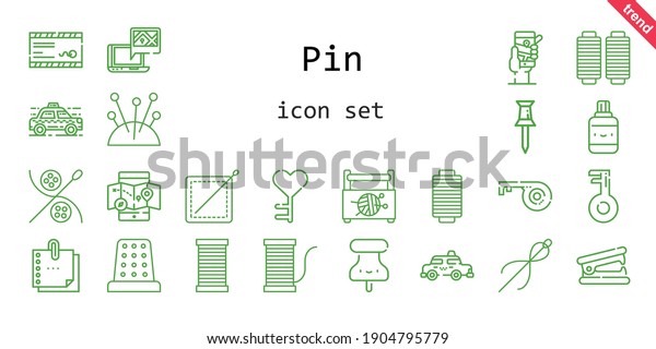 pin icon set. line icon style. pin related icons\
such as sewing box, stapler remover, needles, mobile map, mail,\
thimble, taxi, correction fluid, thread, gps, pin, sewing, sticky\
note, needle