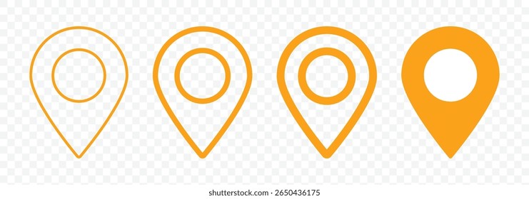 Pin icon set. Location pin icon. Map pin place marker. Map marker in yellow pointer icon. GPS location symbol. Navigation marker. Location pointer. Destination Symbol. Vector illustration