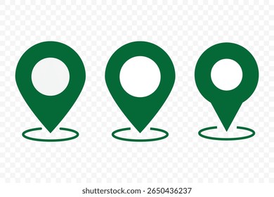 Pin icon set. Location pin icon. Map pin place marker. Map marker in green pointer icon. GPS location symbol. Navigation marker. Location pointer. Destination Symbol. Vector illustration