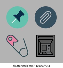 pin icon set. vector set about safety pin, paper clip, push pin and cash machine icons set.