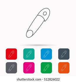 Pin icon. Stationery sign. Attachment symbol. Linear icons in squares on white background. Flat web symbols. Vector
