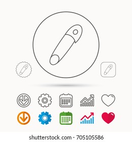 Pin icon. Stationery sign. Attachment symbol. Calendar, Graph chart and Cogwheel signs. Download and Heart love linear web icons. Vector