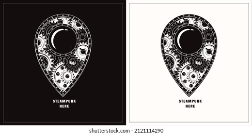 Pin icon in steampunk style with black, white gears, metal rail, rivets. Monochrome emblem. Good for craft design.