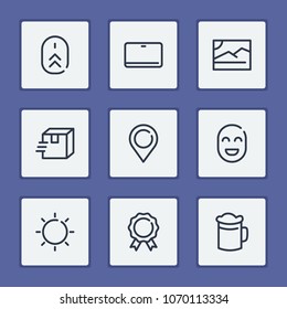 Pin icon with sun, delivery and award symbols. Set of scroll up, package, image icons and ale concept. Editable vector elements for logo app UI design.