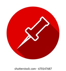 Pin icon vector isolated on red background with long shadow. flat icon