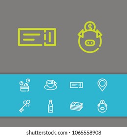 Pin icon with wine bottle, movie ticket and money symbols. Set of money, cash, currency icons and champagne concept. Editable vector elements for logo app UI design.