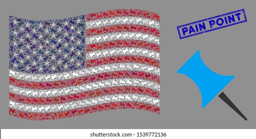 Pin icons are organized into USA flag abstraction with blue rectangle distressed stamp seal of Pain Point text. Vector collage of USA waving state flag is organized with pin icons.