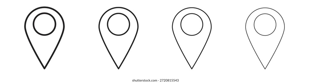 Iconos de pin delinean el diseño de Vector negro. Línea con trazo editable.