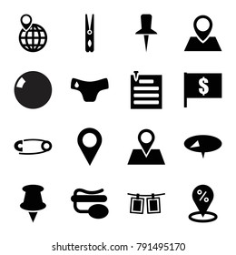 Pin icons. set of 16 editable filled pin icons such as children panties, flag with dollar, sale location, photos on rope