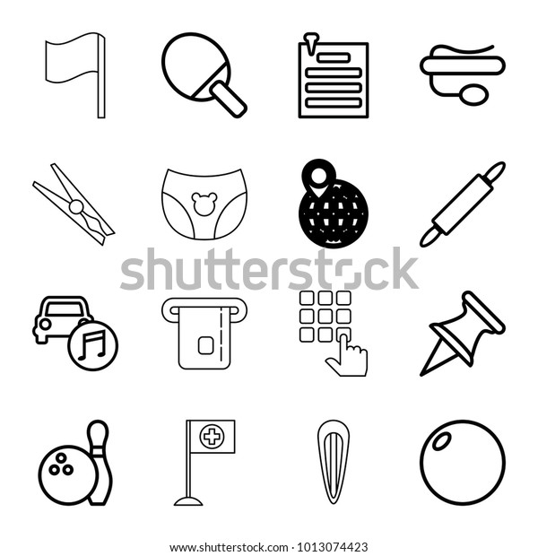 Pin icons. set\
of 16 editable outline pin icons such as bowling ball, ping pong\
racket, car music, bowling, children panties, hair barrette, hand\
on atm, credit card in atm