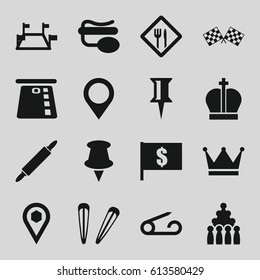 Pin icons set. set of 16 pin filled icons such as hair barrette, location, restaurant, finish flag, map location, locations, crown, bowling, flag with dollar