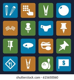 Pin icons set. set of 16 pin filled icons such as children panties, hair barrette, restaurant, finish flag, bowling, flag with dollar, hand on atm