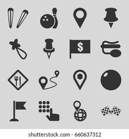 Pin icons set. set of 16 pin filled icons such as hair barrette, flag, distance, location, restaurant, finish flag, bowling, flag with dollar, hand on atm