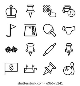 Pin icons set. set of 16 pin outline icons such as children panties, pin, car music, finish flag, gold flag, bowling, flag with dollar, crown, hand on atm, credit card in atm