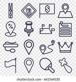 Pin icons set. set of 16 pin outline icons such as hair barrette, cloth pin, distance, flag, restaurant, flag with dollar, sale location, crown, location