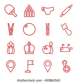 Pin icons set. set of 16 pin outline icons such as children panties, hair barrette, cloth pin, flag, map location, bowling, crown, location, bowling ball