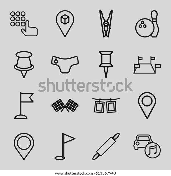 Pin icons set. set\
of 16 pin outline icons such as children panties, flag, location,\
car music, photos on rope, map location, finish flag, gold flag,\
bowling, hand on atm