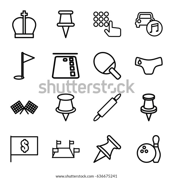 Pin icons set. set\
of 16 pin outline icons such as children panties, pin, car music,\
finish flag, gold flag, bowling, flag with dollar, crown, hand on\
atm, credit card in atm