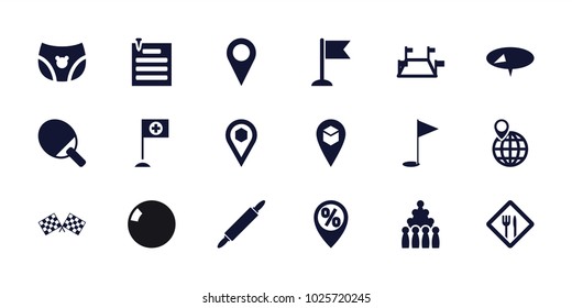 Pin icons. set of 18 editable filled pin icons: pin, bowling, flag, location, locations, restaurant, finish flag, gold flag, children panties, sale location