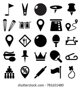 Pin icons. set of 25 editable filled pin icons such as pin, hair barrette, bowling, credit card in atm, bowling ball, distance, locations, flag, location, photos on rope