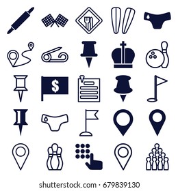 Pin icons set. set of 25 pin filled and outline icons such as children panties, map location, crown, hair barrette, flag, distance, restaurant, finish flag, bowling