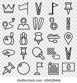 Pin icons set. set of 25 pin outline icons such as hair barrette, cloth pin, flag, distance, location, gold flag, bowling, flag with dollar, crown, hand on atm