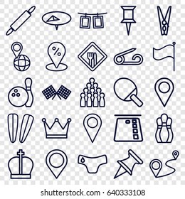 Pin icons set. set of 25 pin outline icons such as pin, children panties, hair barrette, distance, flag, photos on rope, restaurant, map location, finish flag, bowling, crown
