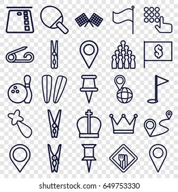 Pin icons set. set of 25 pin outline icons such as pin, hair barrette, distance, flag, restaurant, map location, finish flag, bowling, crown, hand on atm, credit card in atm