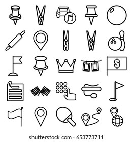 Pin icons set. set of 25 pin outline icons such as cloth pin, flag, distance, car music, photos on rope, map location, finish flag, bowling, crown, hand on atm, location