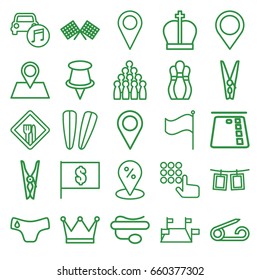 Pin icons set. set of 25 pin outline icons such as children panties, hair barrette, flag, car music, photos on rope, restaurant, map location, finish flag, bowling