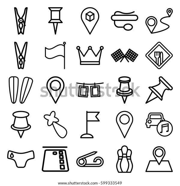 pin icons set. Set of 25\
pin outline icons such as children panties, hair barrette, flag,\
distance, location, car music, photos on rope, restaurant, finish\
flag, bowling