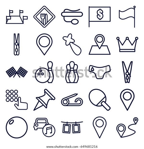 Pin icons set. set\
of 25 pin outline icons such as pin, children panties, hair\
barrette, distance, flag, car music, photos on rope, restaurant,\
map location, finish flag