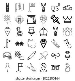Pin icons. set of 36 editable outline pin icons such as hair barrette, sale location, hand on atm, credit card in atm, flag, distance, location, photos on rope, restaurant