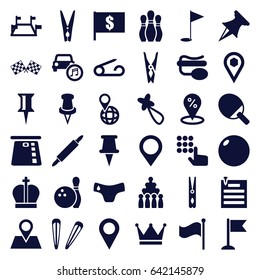Pin icons set. set of 36 pin filled icons such as pin, children panties, hair barrette, flag, location, car music, finish flag, bowling, map location, crown, hand on atm