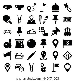 Pin icons set. set of 36 pin filled icons such as pin, children panties, hair barrette, flag, distance, location, car music, photos on rope, restaurant, finish flag, bowling