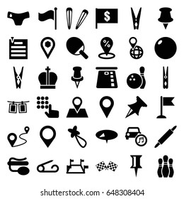 Pin icons set. set of 36 pin filled icons such as pin, children panties, hair barrette, flag, distance, location, car music, photos on rope, finish flag, bowling, map location
