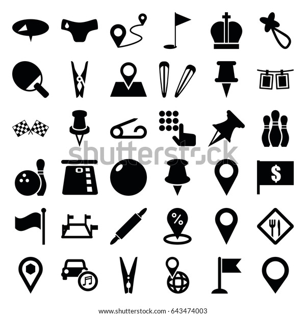 Pin icons set.\
set of 36 pin filled icons such as pin, children panties, hair\
barrette, flag, distance, location, car music, photos on rope,\
restaurant, finish flag,\
bowling