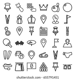 Pin icons set. set of 36 pin outline icons such as pin, children panties, hair barrette, flag, location, car music, photos on rope, finish flag, bowling, crown, hand on atm