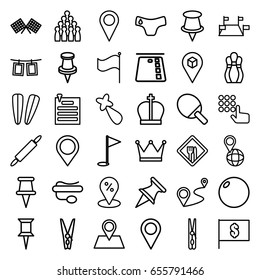 Pin icons set. set of 36 pin outline icons such as children panties, hair barrette, cloth pin, distance, location, flag, photos on rope, restaurant, map location, finish flag