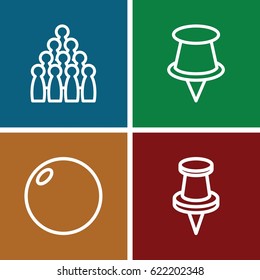 Pin icons set. set of 4 pin outline icons such as pin, bowling ball