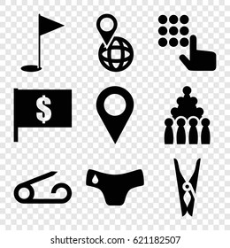 Pin icons set. set of 9 pin filled icons such as children panties, gold flag, bowling, flag with dollar