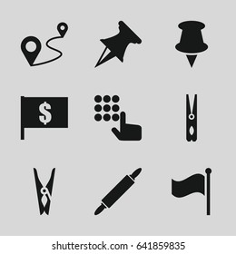 Pin icons set. set of 9 pin filled icons such as distance, flag, flag with dollar