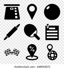 Pin icons set. set of 9 pin filled icons such as pin on globe, finish flag, sale location, credit card in atm, location